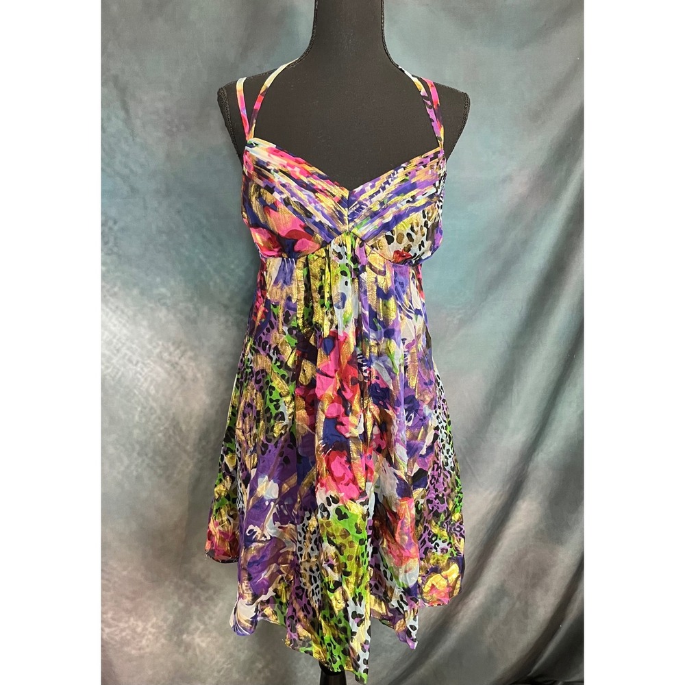 Oleg Cassini Y2K Silk Dress Halter Corset‎ Back Floral Animal Print Party Size 6